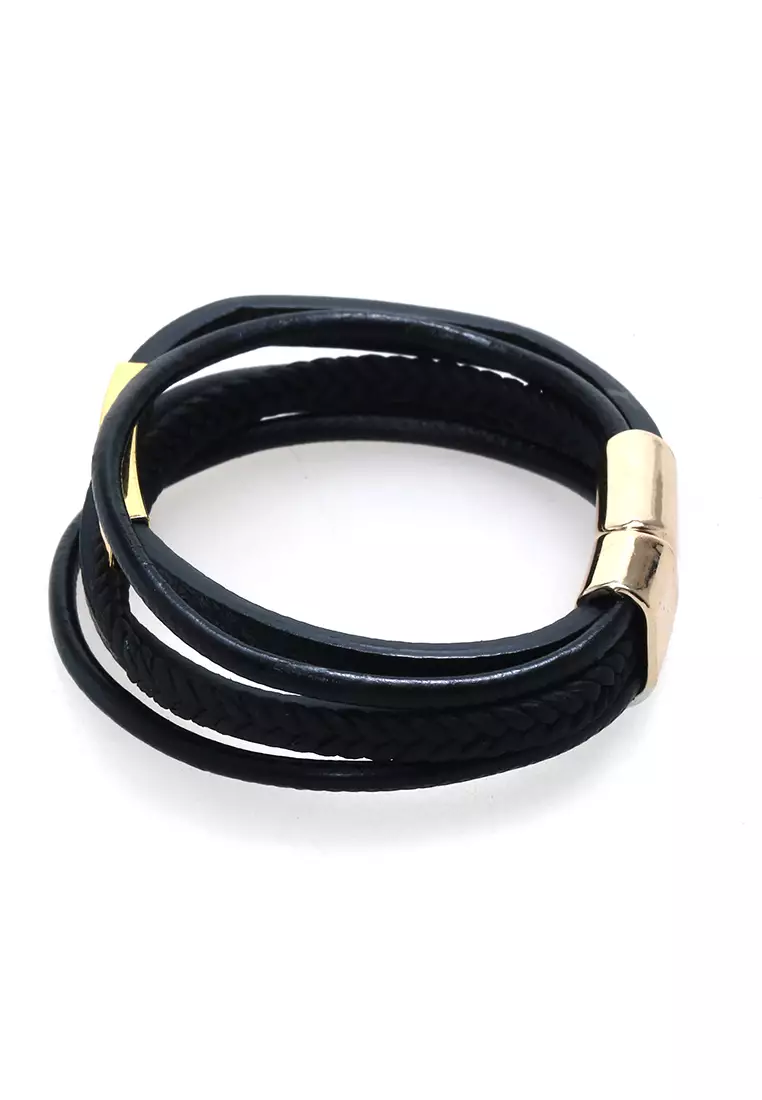 Aleda Gelang Kasual Pria Wanita Aksesoris Fashion Adjustable Desain Mix Kepang Strap Material Leather ORIGINAL - Gold