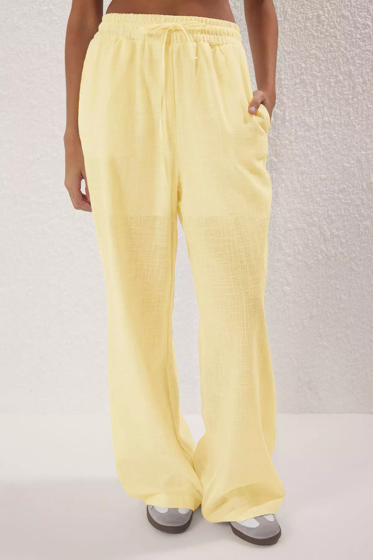 Light Yellow Linen Look Wide Leg Shorts Lined Elastic Waist Pants