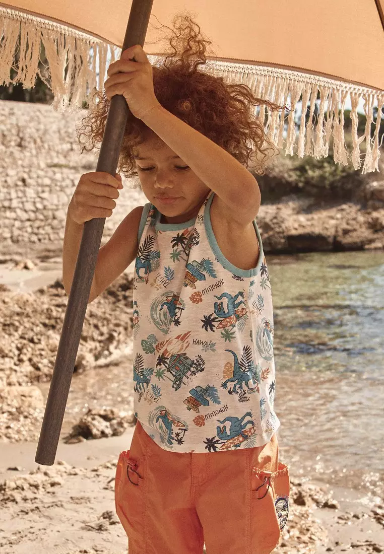Ecru Tank Top Mit Surfer-Dinosaurier-Print