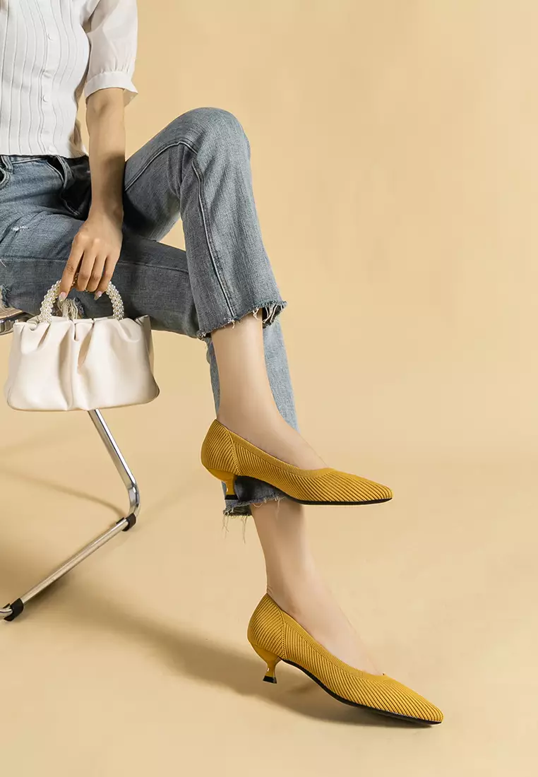 3.5CM ‌Pointed-toe Fly Knit‌ Kitten Heels‌ TJ1507