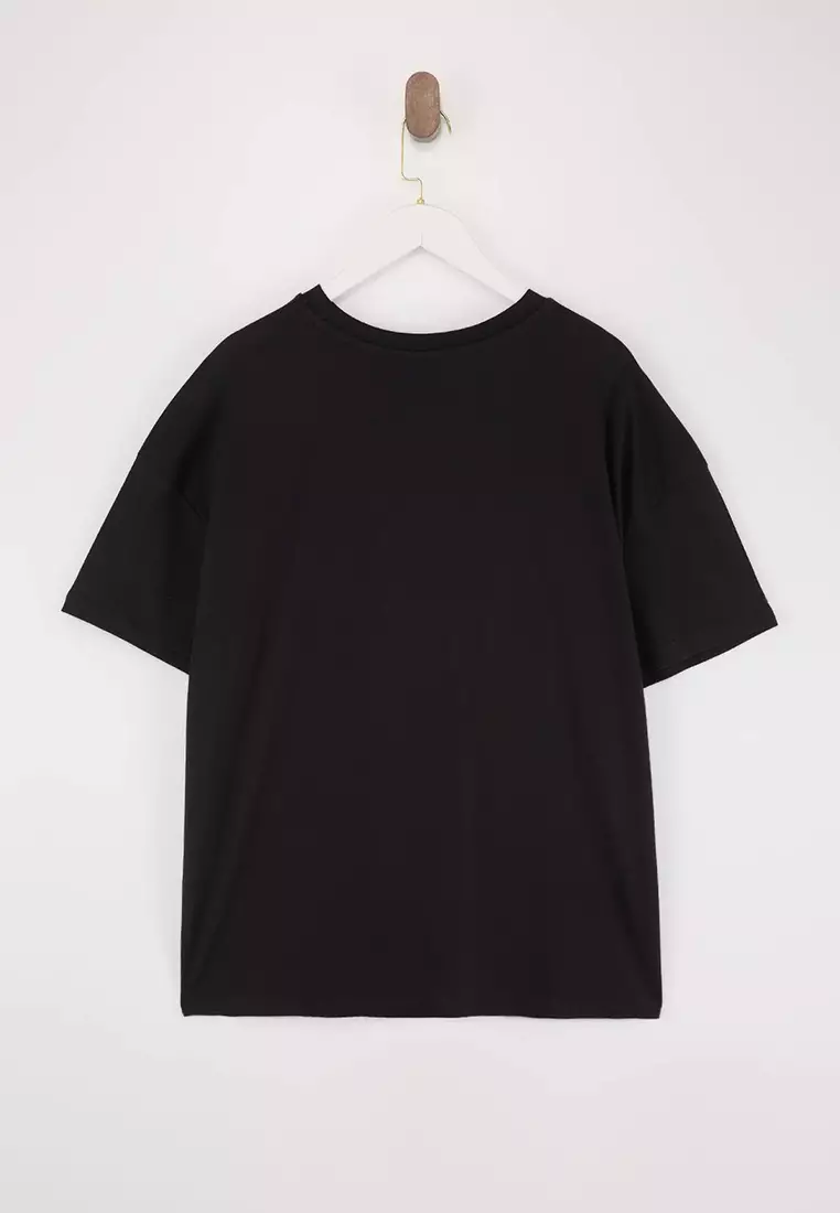 Black 100% Cotton Embroidered Oversize/Wide Fit Crew Neck Knitted Plus Size T-Shirt Tbbss26Bf00018