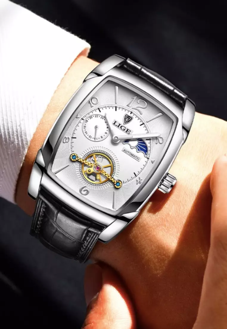 Unisex AUTOMATIC Stainless Steel Barrel-shape Watch 46x38mm, Black Leather Strap