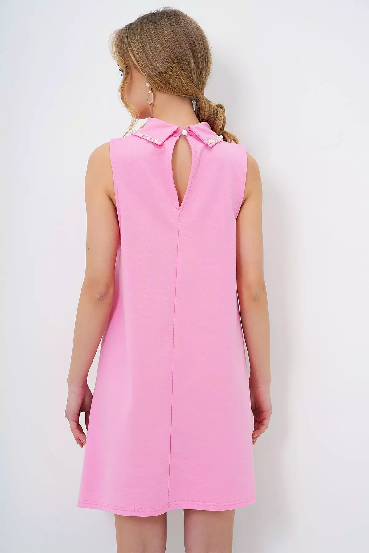 Women's Pink Faux Pearl Collar Sleeveless Basic Dress