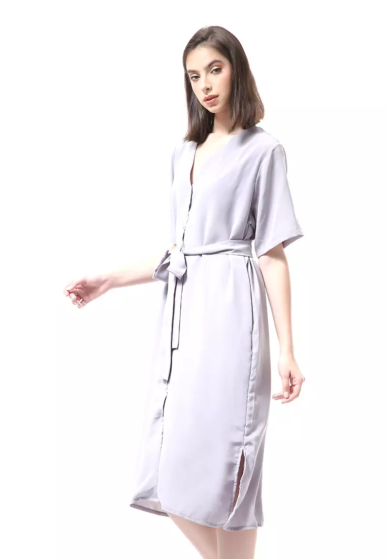 Rachel Midi Dress Wanita Lengan Pendek Full Kancing with Strap Pinggang Material Crepe ORIGINAL - Dusty Lilac