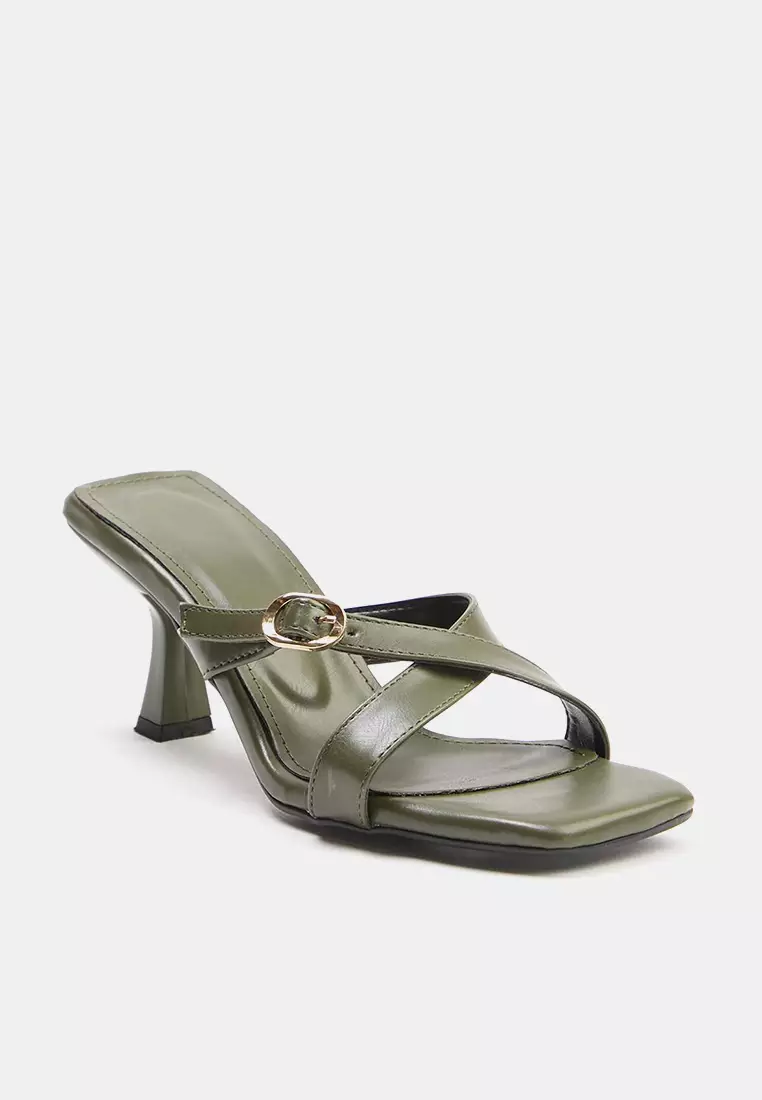 Gold Buckle Square Toe Heels