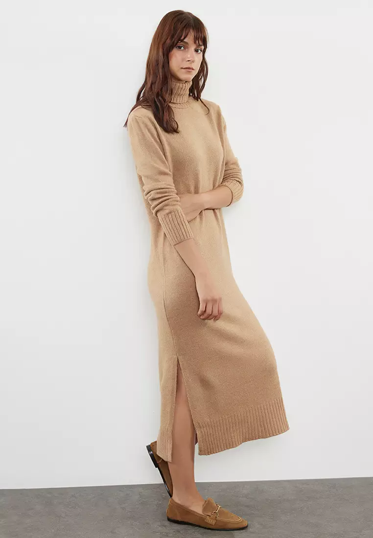 Camel Midi Wide Fit Soft Texture Knitwear Dress