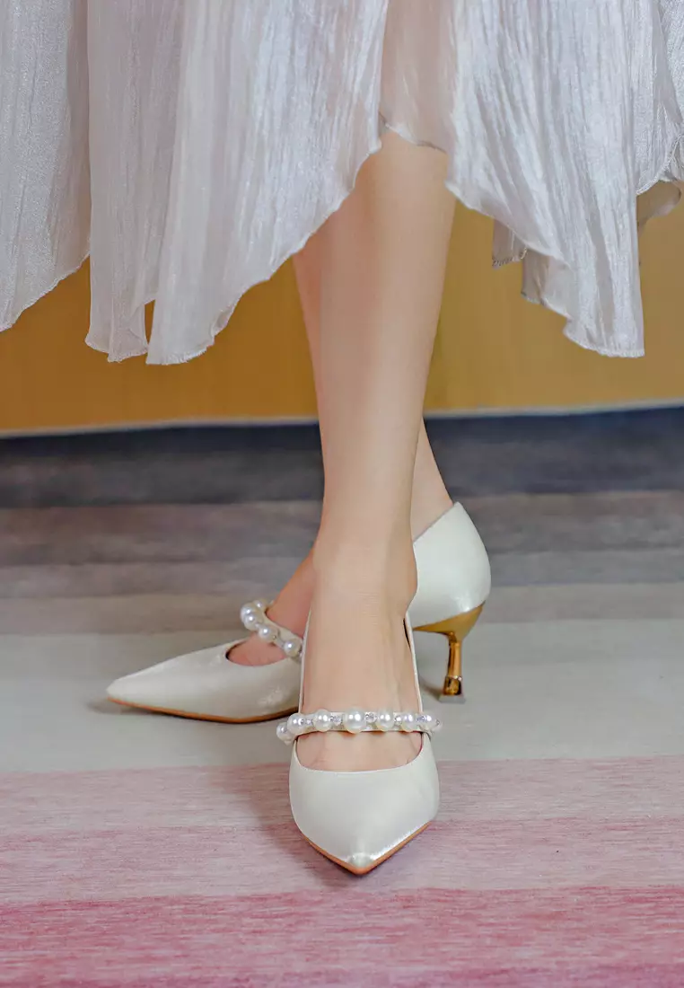 6CM Pearl Strap Satin Fabric Pumps 2170-8
