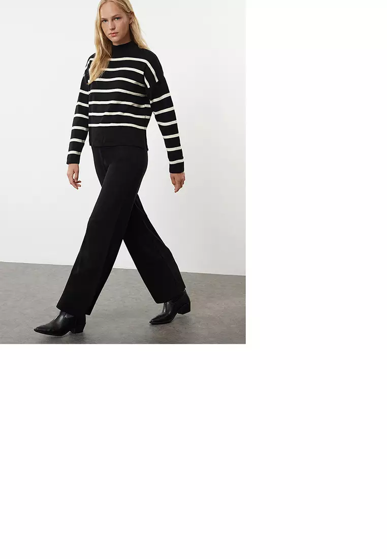 Black Striped Knitted Trousers Bottom-Top Set Twoaw24Au00045