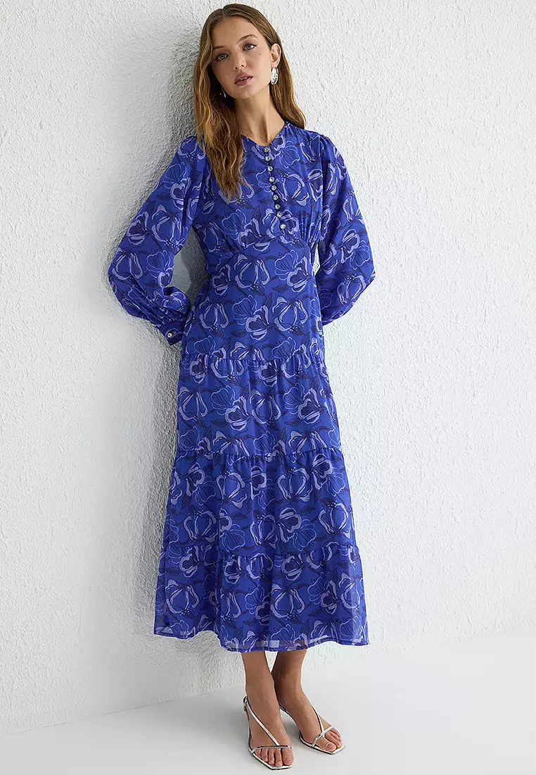 Floral Patterned Slim Fit Lined Elastic Back Chiffon Woven Dress