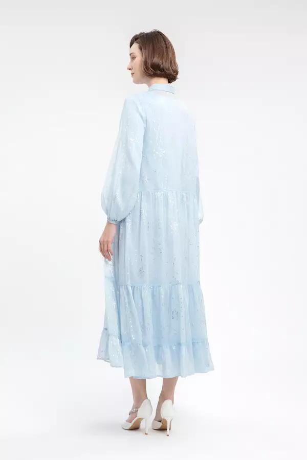 MINIMAL - Triny - Gaun Ruffle Bunga Metalik - Blue Colour Blue_Light