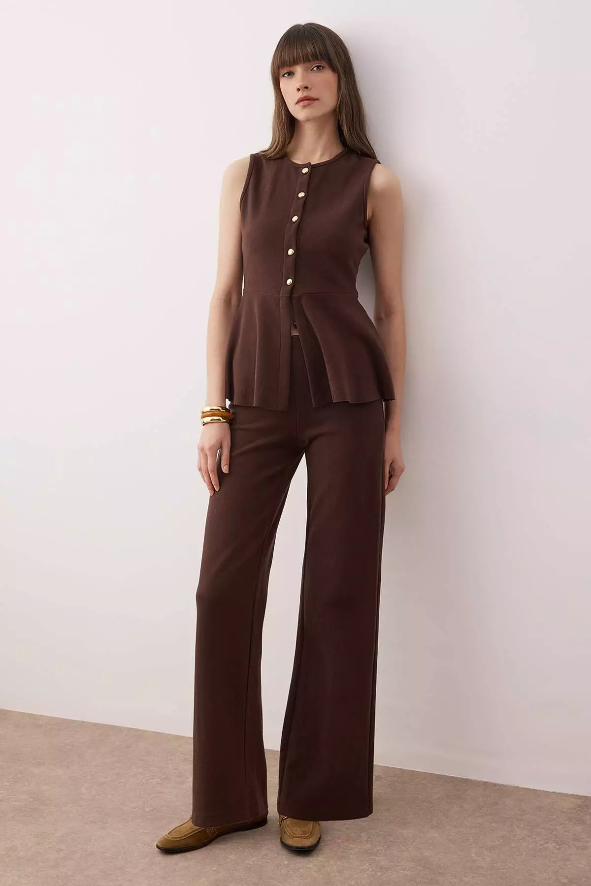 Brown Thessaloniki Buttoned Waist Open Wide Leg/Palazzo Bottom Knitted Bottom - Top Set Twoaw26Au92