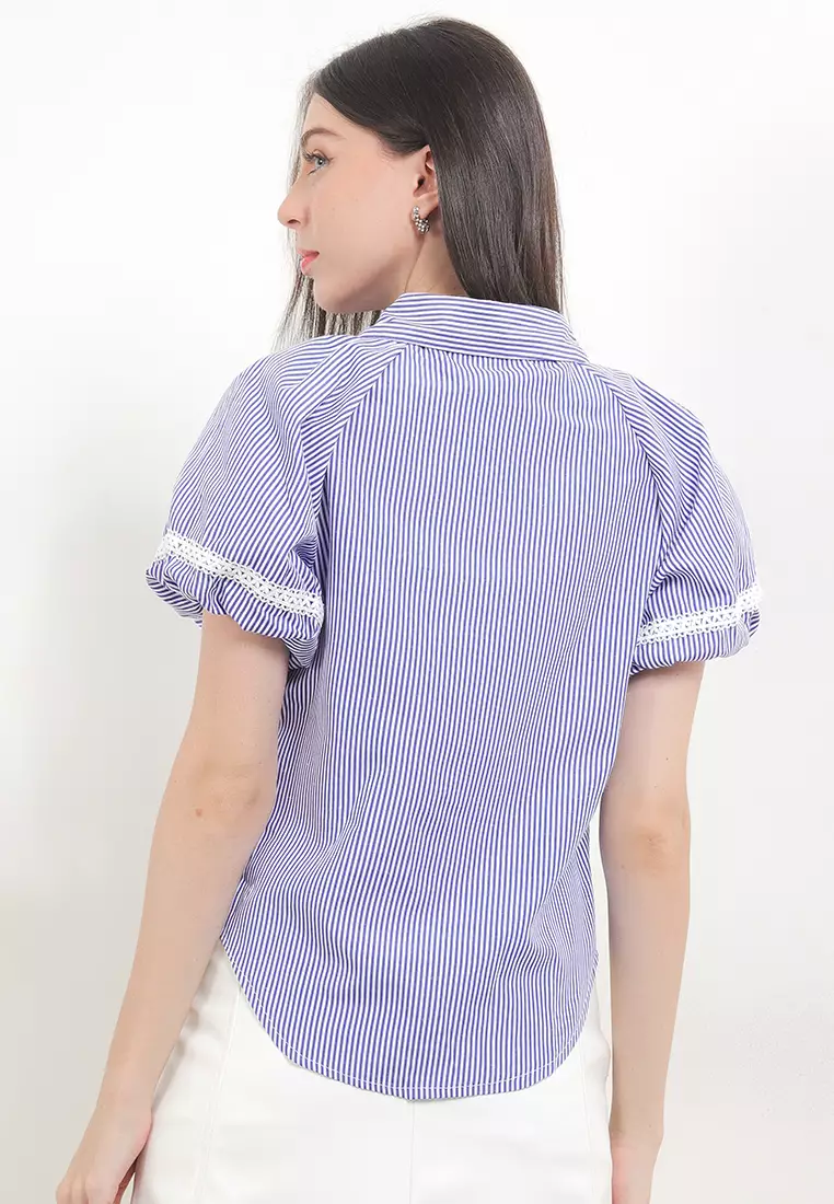 Puff Sleeves Stripes  Shirt W/ Lace Trims