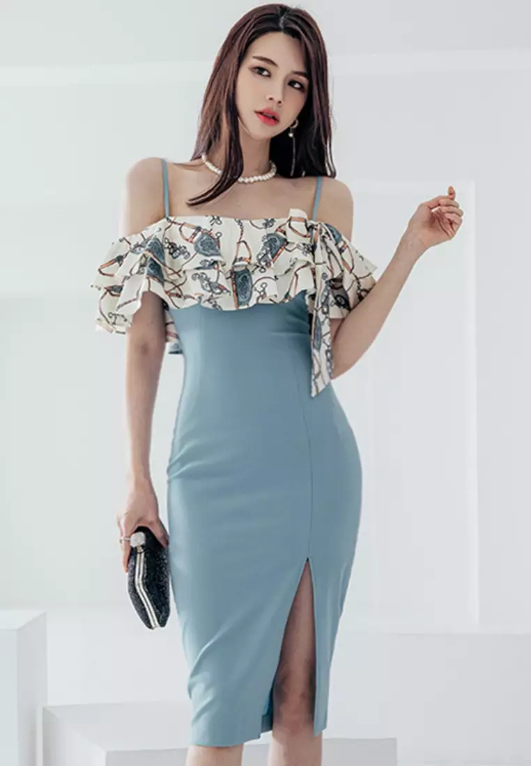 Sexy Suspender Print Ruffled Hip One Piece Dress A22022529