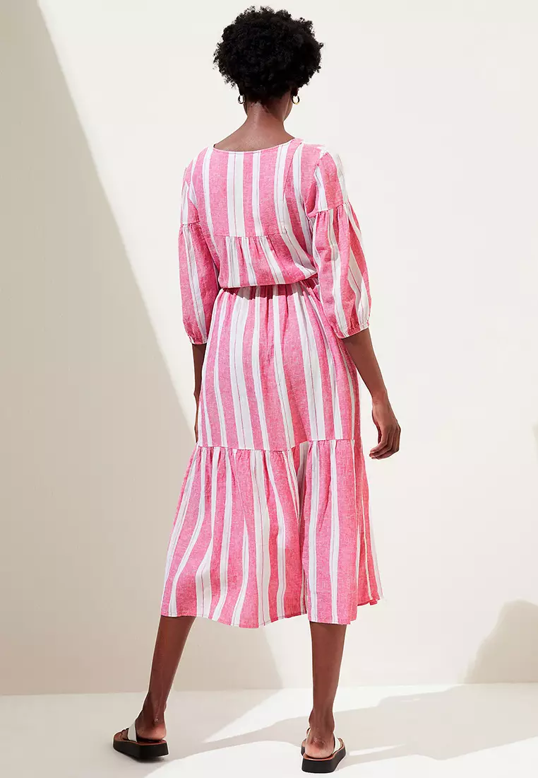 Linen Blend Striped V Midi Dress