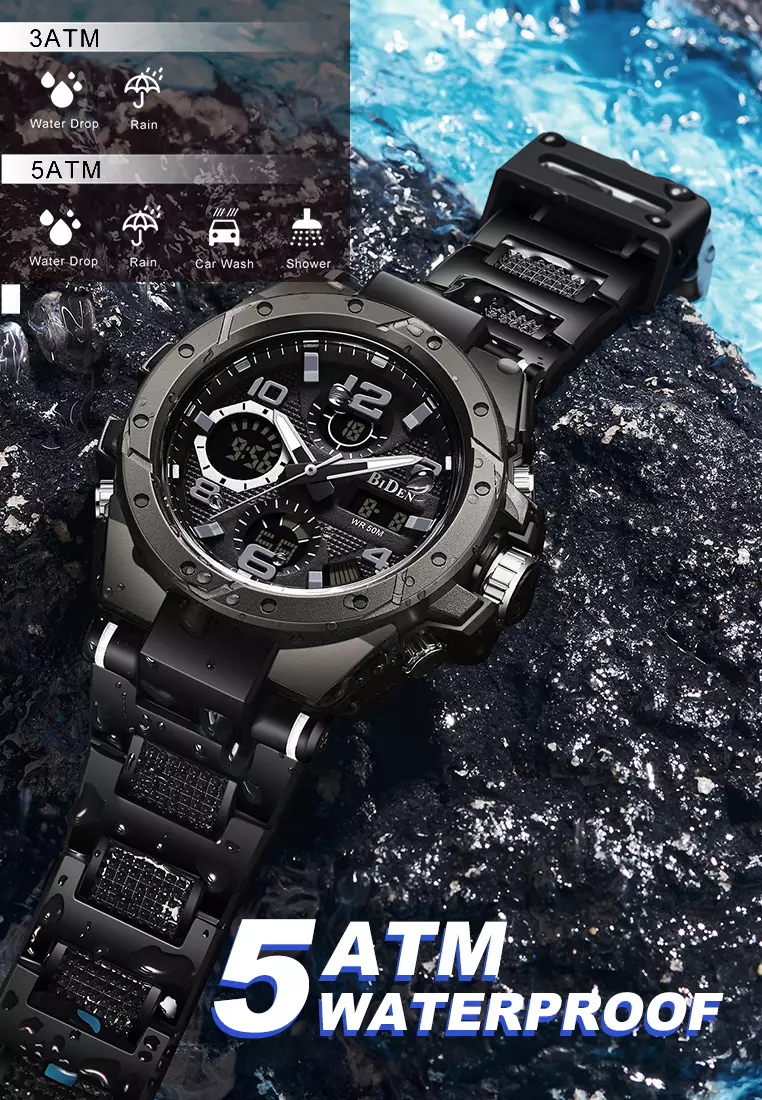 Jam Tangan Pria Anit Air Digital Analog Olahraga Bercahaya Multifungsi Tali Silikon Jam Tangan Cowok Original hitam