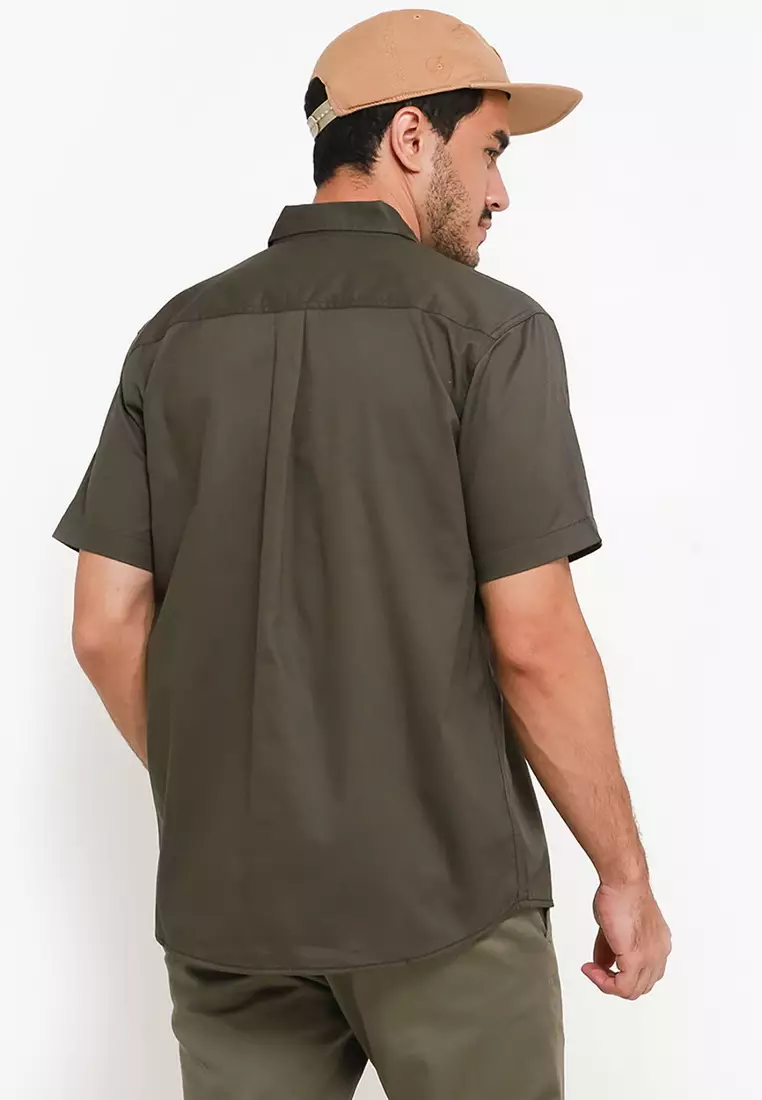 NX Kemeja Polos Cotton Twill Hijau Tua Regular Fit Pria