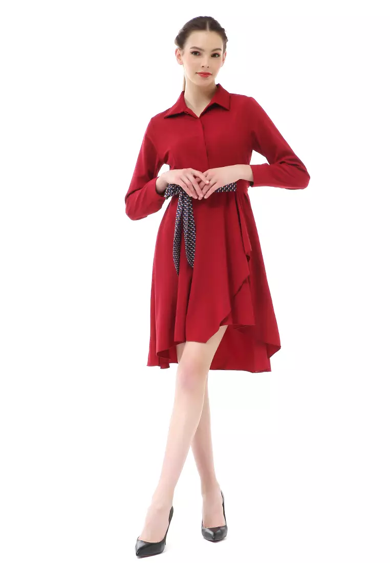 Rachel Dress Kemeja Wanita Lengan Panjang Pita Samping Material Twiscone ORIGINAL - Red