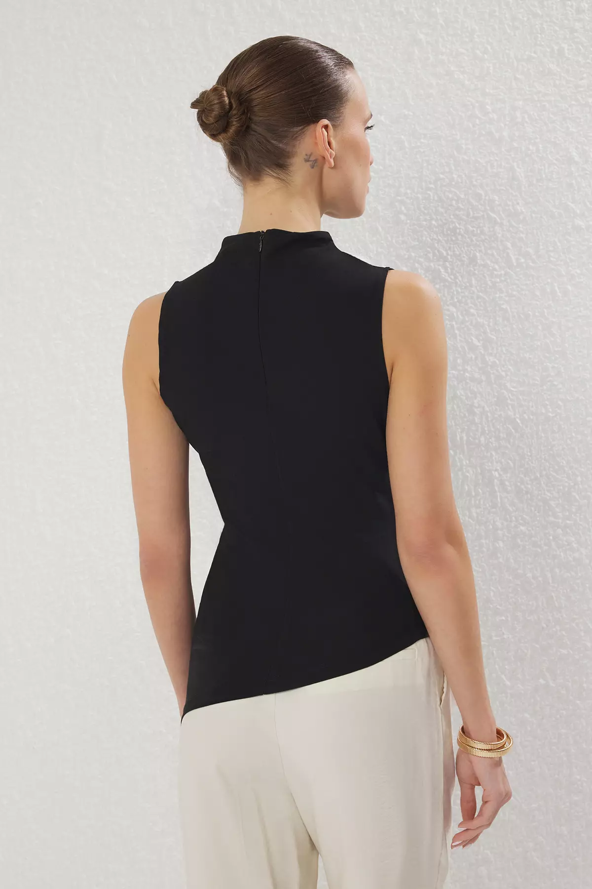 Asymmetrical Knitted Blouse Black Drawstring Detail Body Sitting