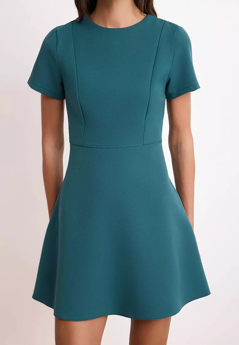 Petrol Skirt Flared From The Waist Short Sleeve Mini Stretchy Woven Dress Twoss26El37