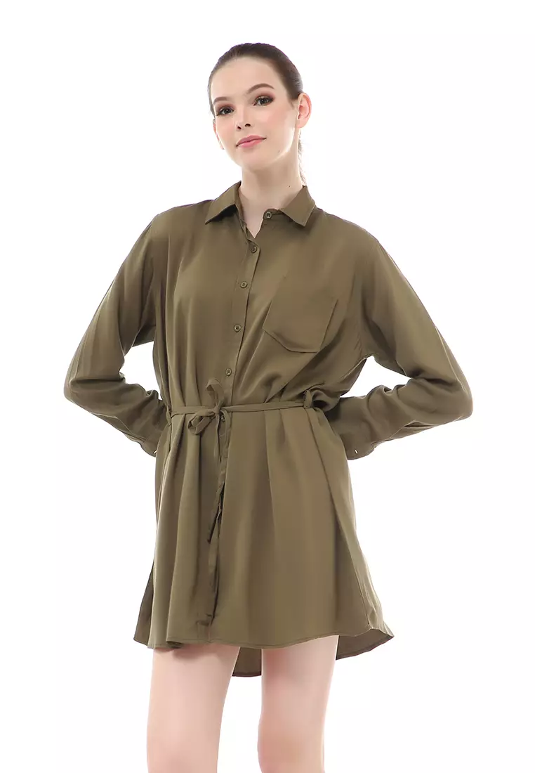 Rachel Dress Wanita Model Kemeja Full Kancing Long Sleeve Material Twill Rayon ORIGINAL - Army Green