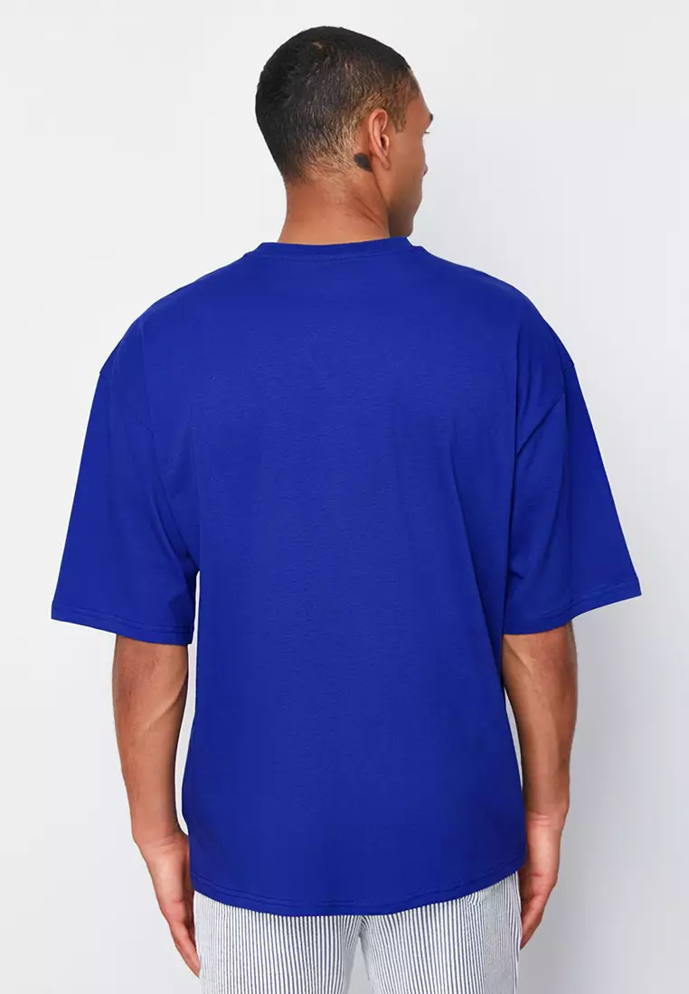 Saks Oversize 100% Cotton Crew Neck Minimal Text Printed T-shirt TMNSS23TS00084