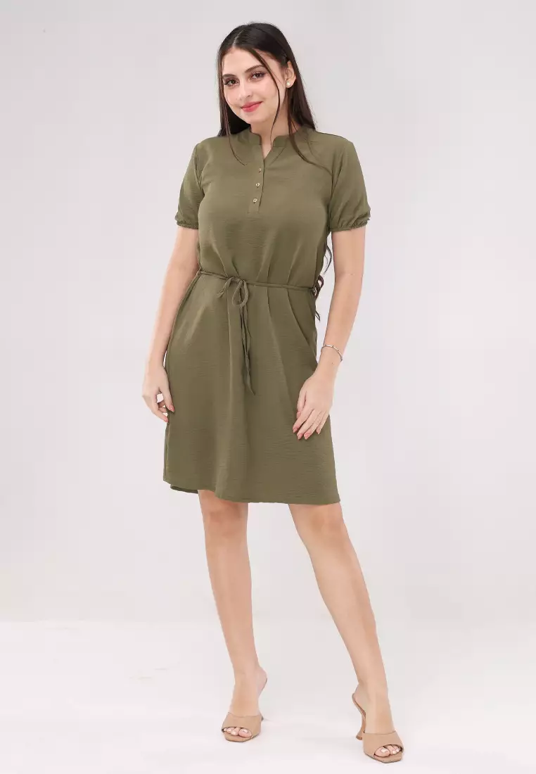 Wrinkled Linen Woven Short Sleeves Dress