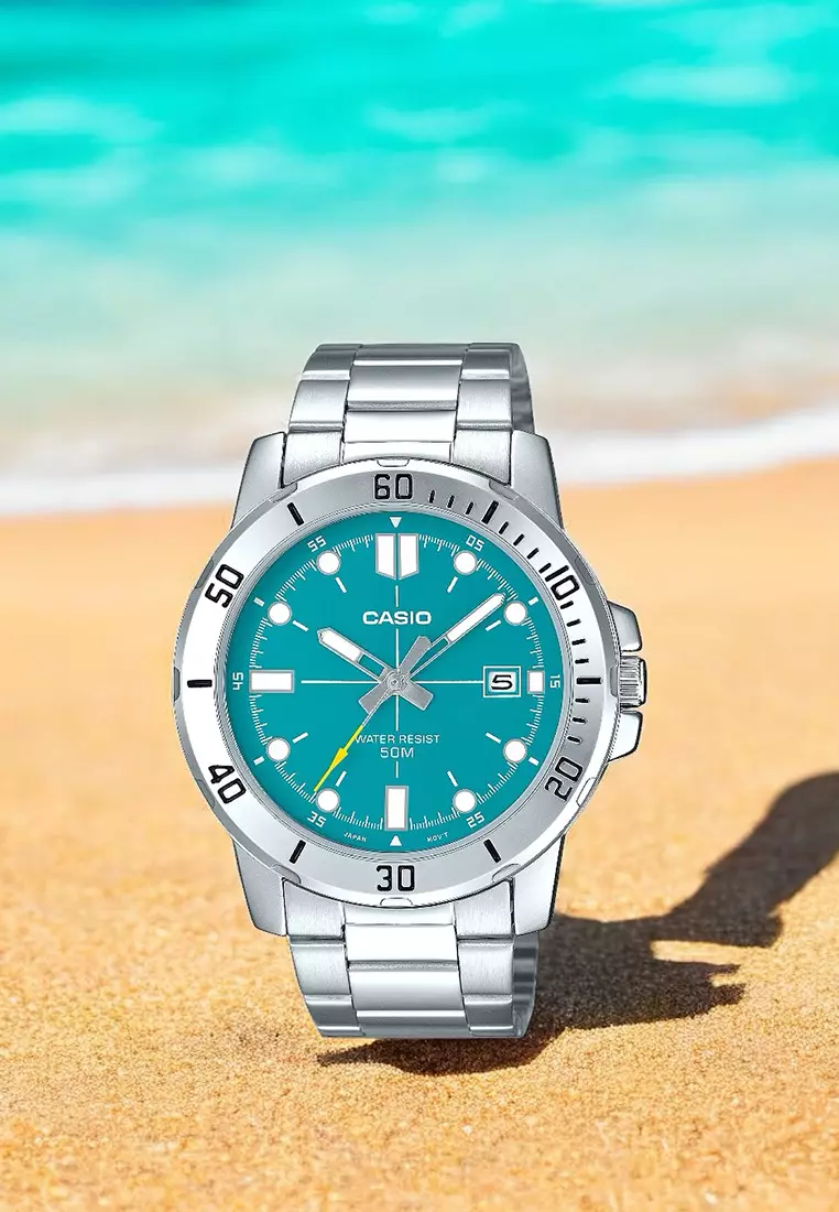 Men Analog Watch MTP-VD01D-3E2V Silver Stainless Steel Strap