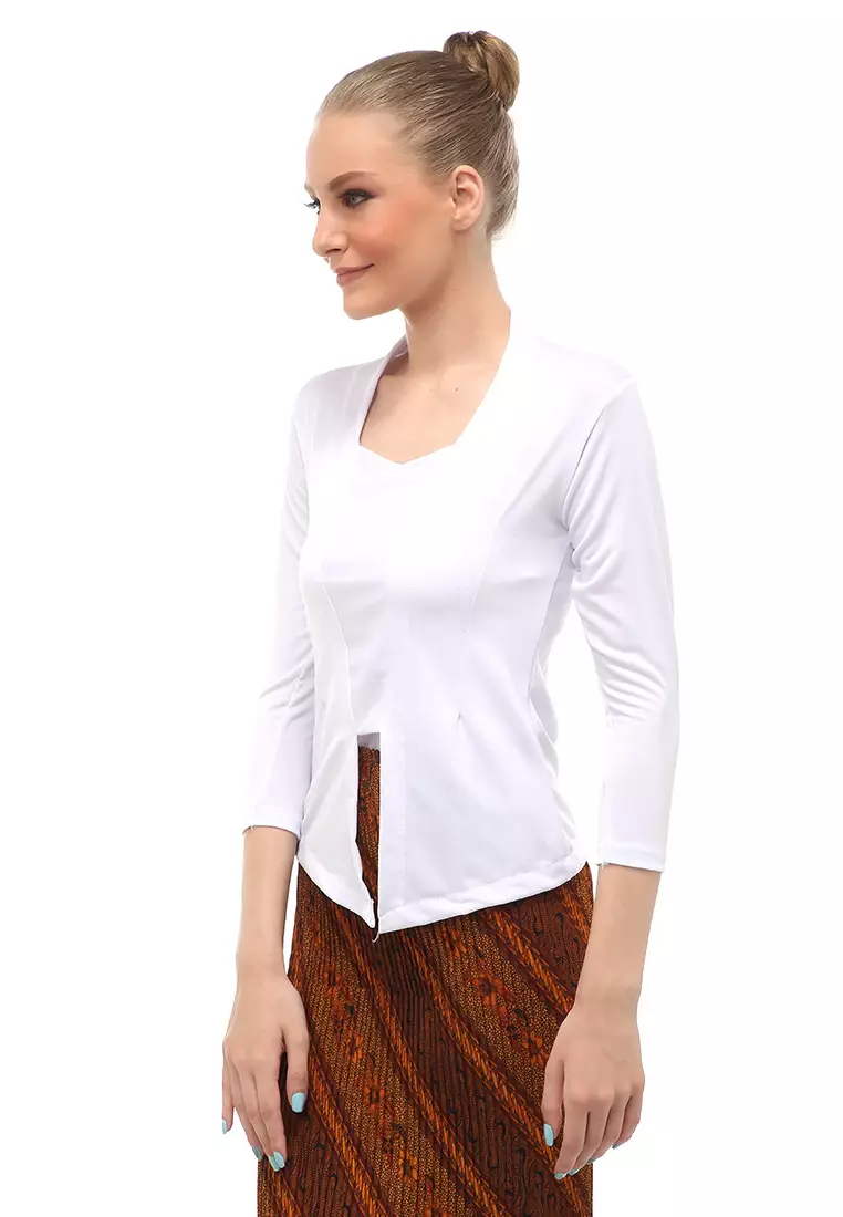 Kebaya Atasan Wanita Motif Solid Long Sleeves Slip On Style Design Casual Relaxed Fit - Putih