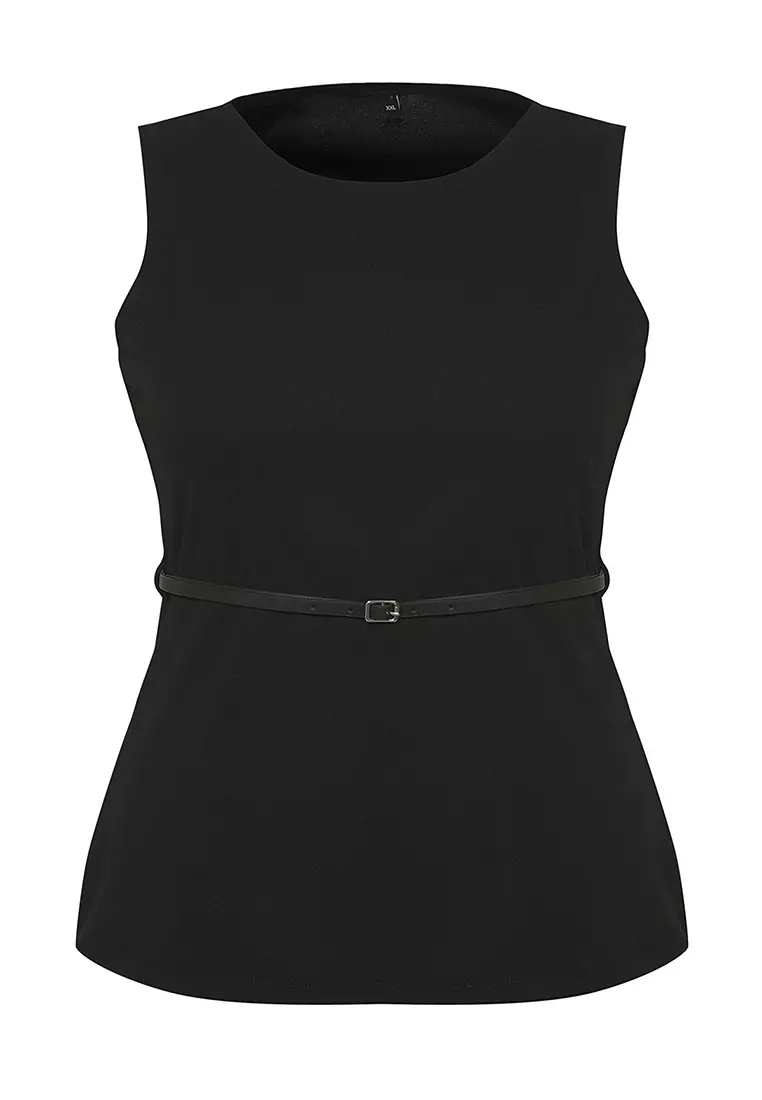 Black Waist Belted Sleeveless Plus Size Blouse TBBSS25AF00109