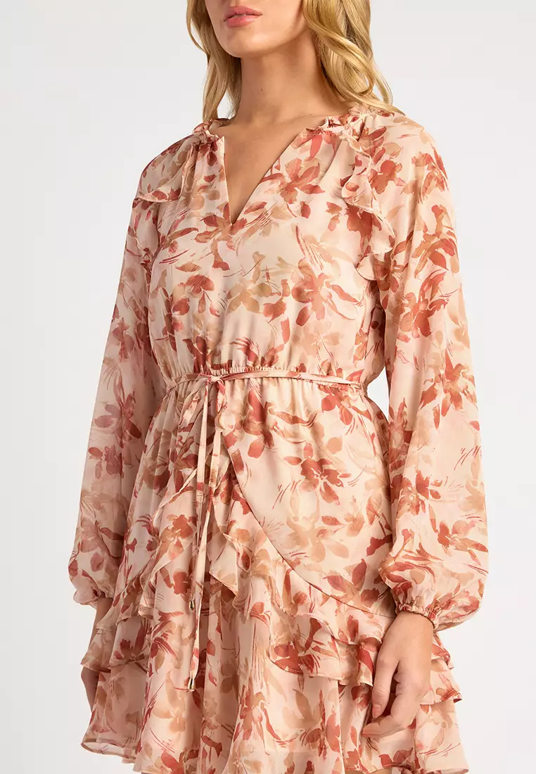 印花荷葉雪紡連身裙