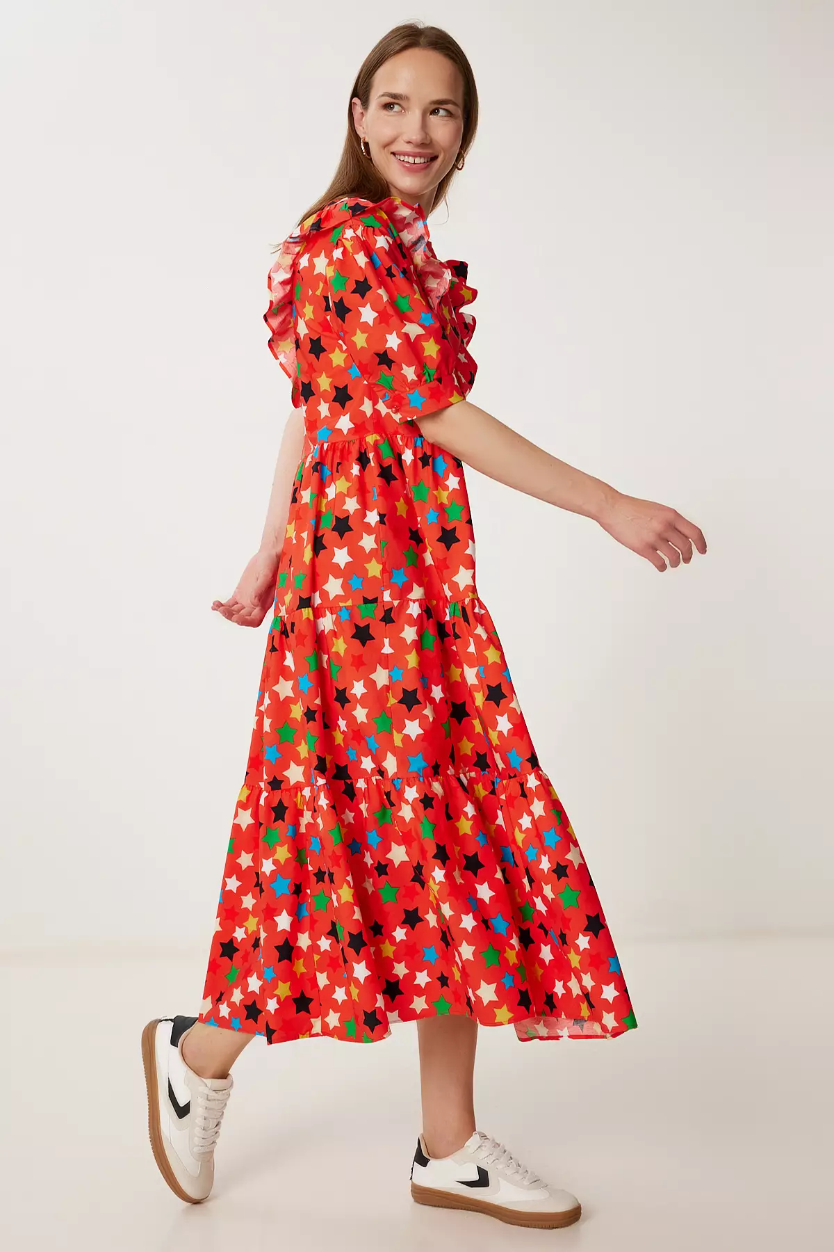 Women's Pomegranate Flower Patterned Summer Midi Poplin Dress Fk00032