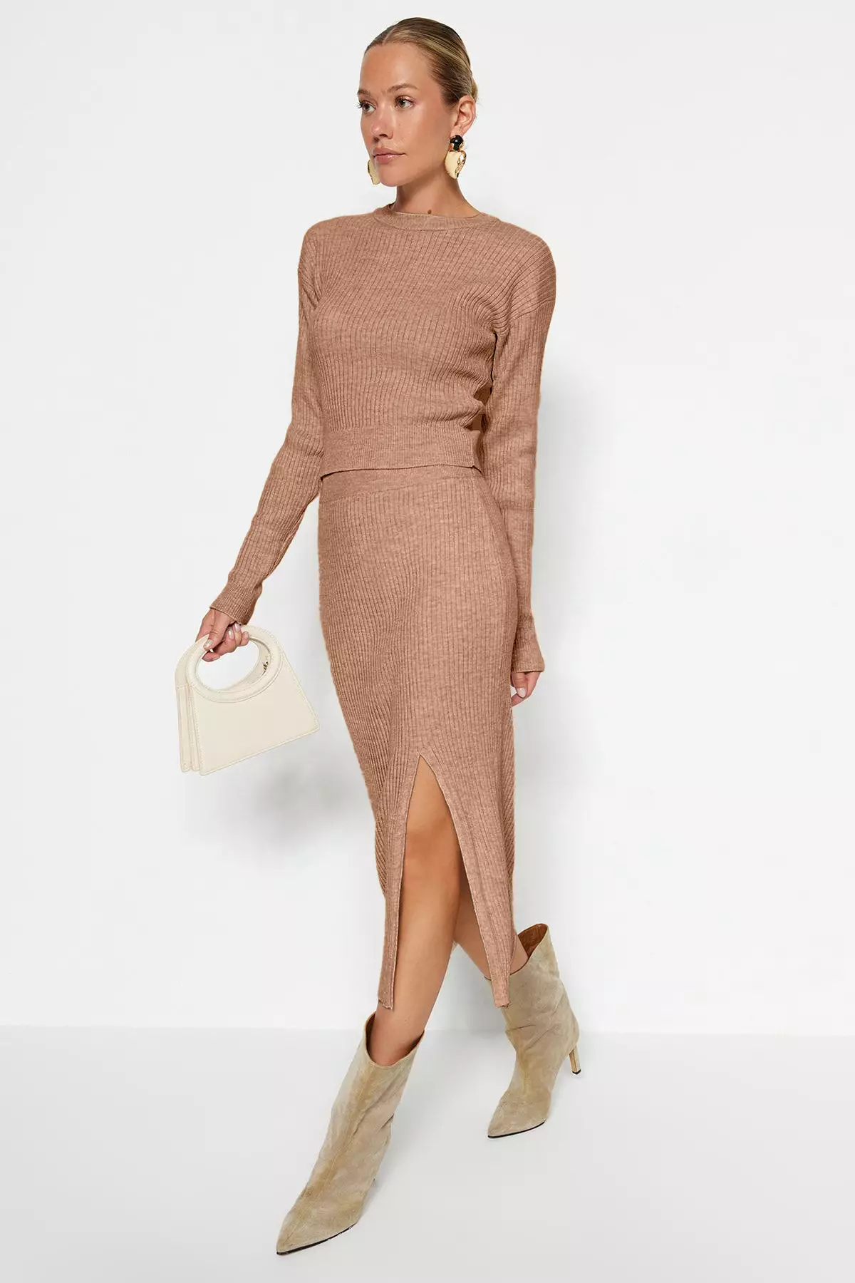 Camel Crop Skirt Knitwear Bottom-Top Set