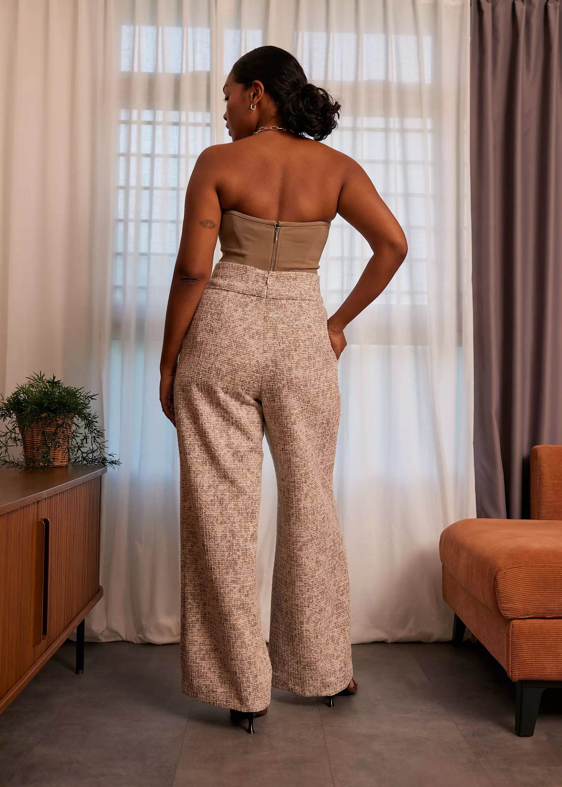 Celana Wanita - Leggy™ Tweed High Waist Wide Leg Pants