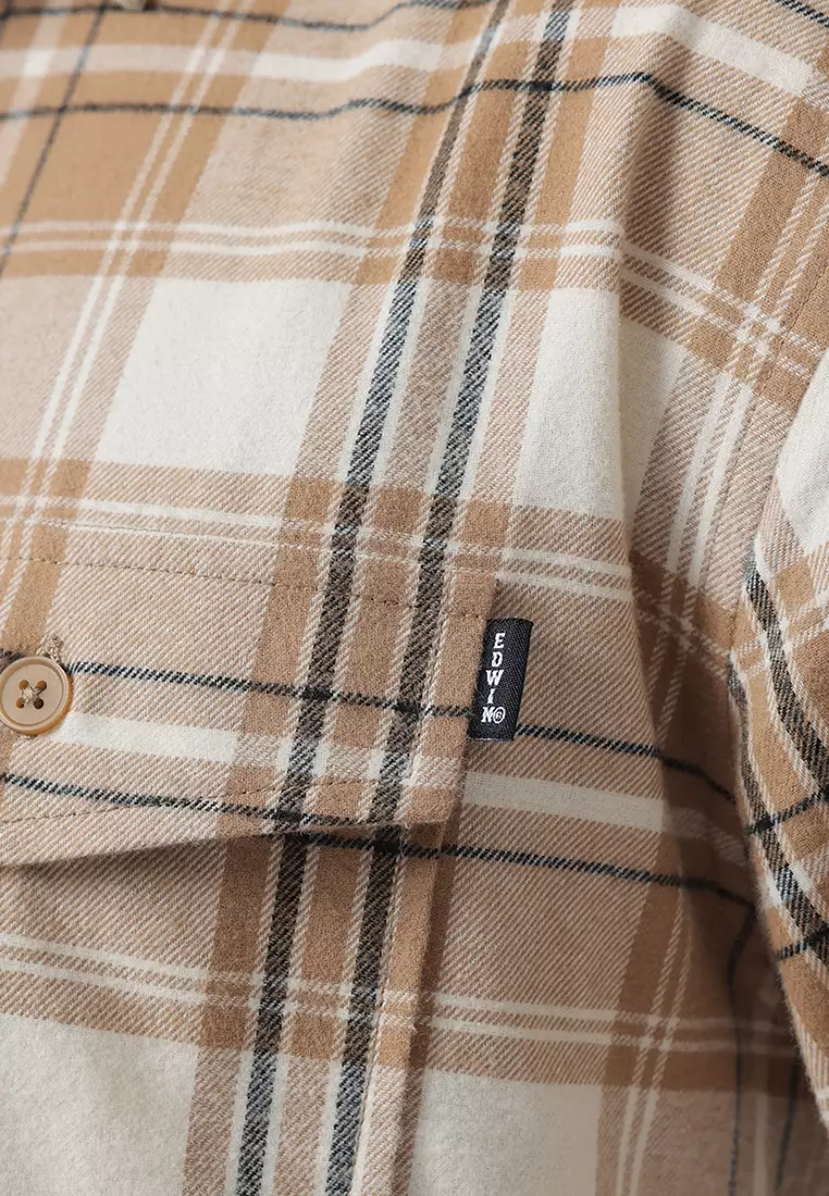 MELVINS - BEIGE Kemeja Flannel Pria Motif Kotak-Kotak Lengan Panjang Relaxed Fit