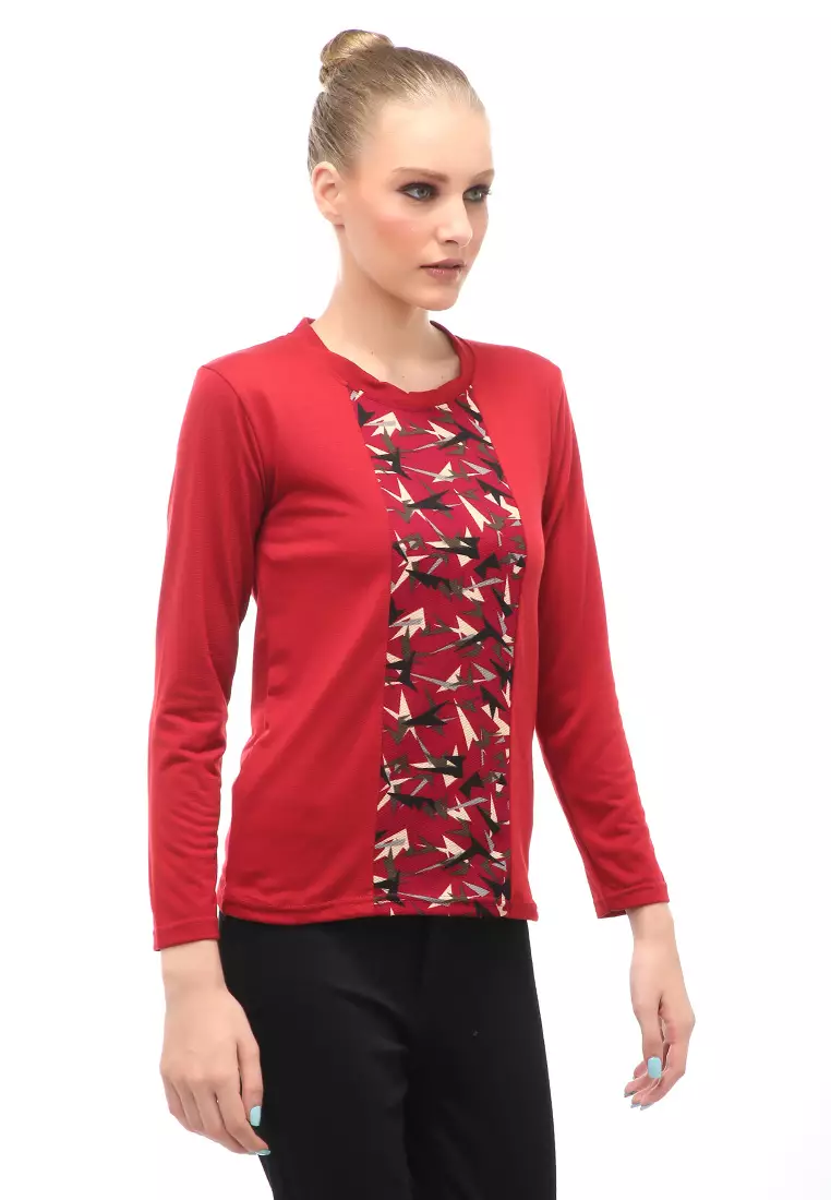 Kaos Atasan Wanita Long Sleeves Detail Motif Abstrak Slip On Style - Maroon