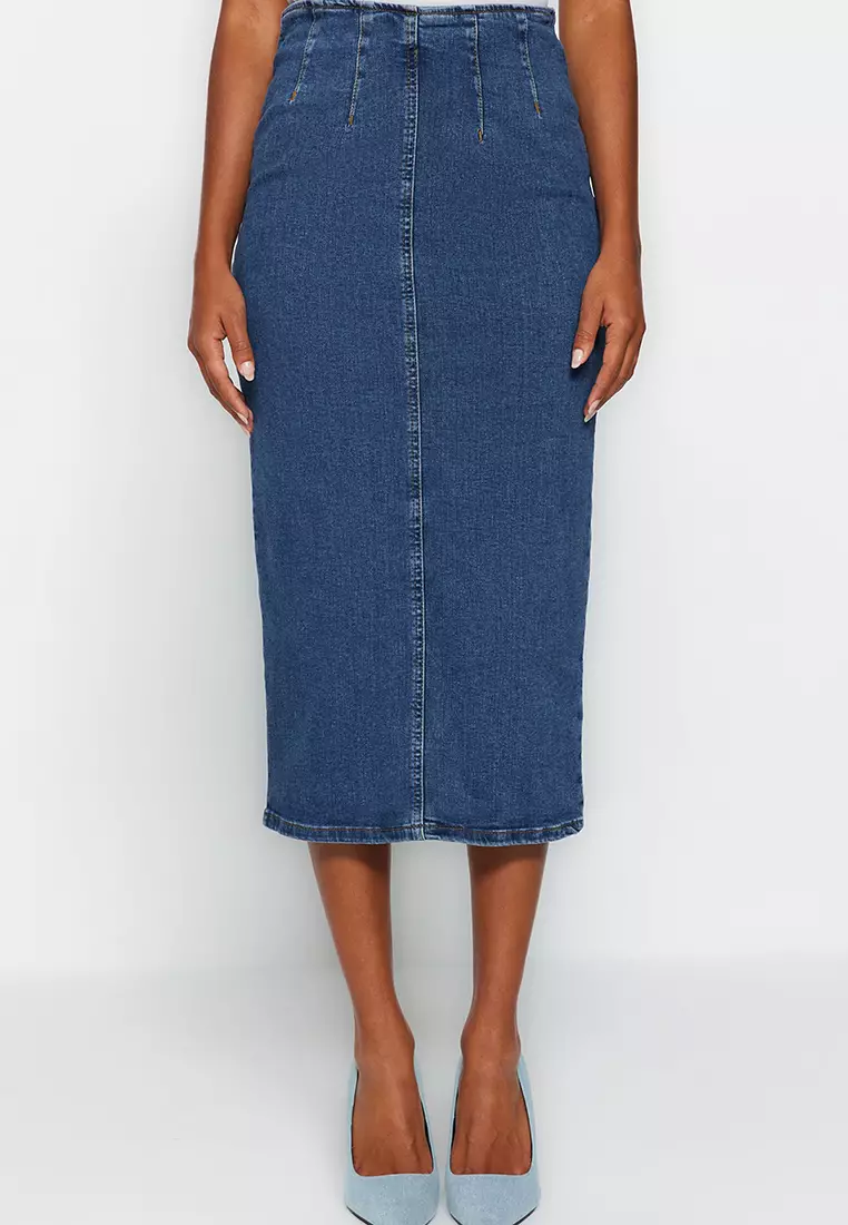 Jual Trendyol Stitching Detail Midi Pencil Denim Skirt Original