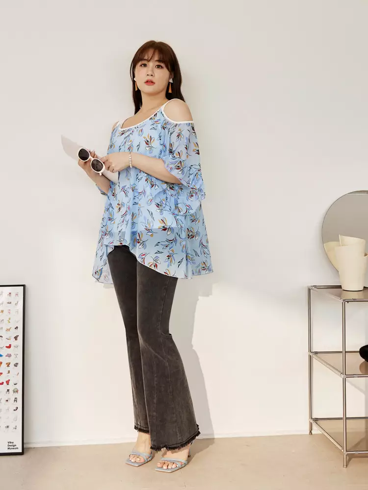 Faux two-piece floral off-shoulder ruffle sleeve blouse [AB19559]