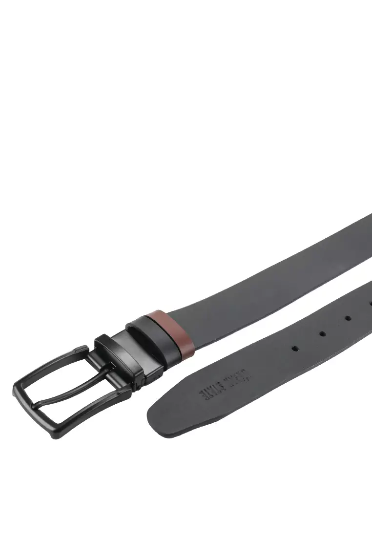 Black Formal Square Pin Buckle Reversible Top Grain Leather Belt