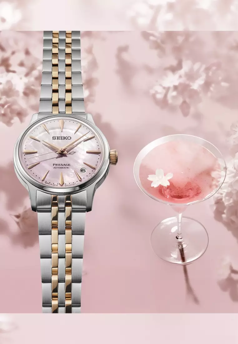 Seiko Presage Cocktail Time ‘Sakura Aviation’ Limited Edition Mother-Of-Pearl Dial Two-Tone Stainless Steel Band SRPM06J1