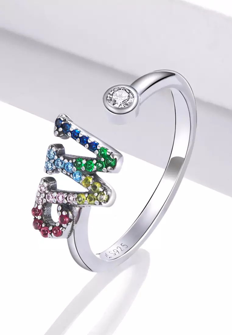 Solid 925 Sterling Silver Colourful Rainbow Alphabet Letter Adjustable Rings - W