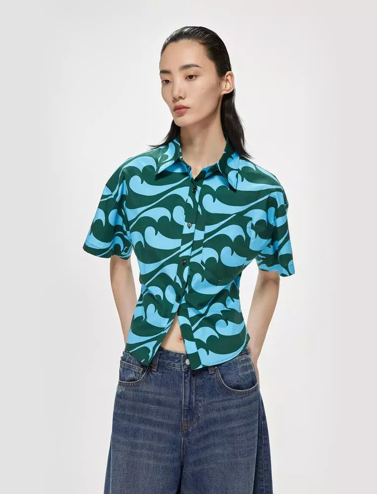 海浪印花通勤短袖襯衣