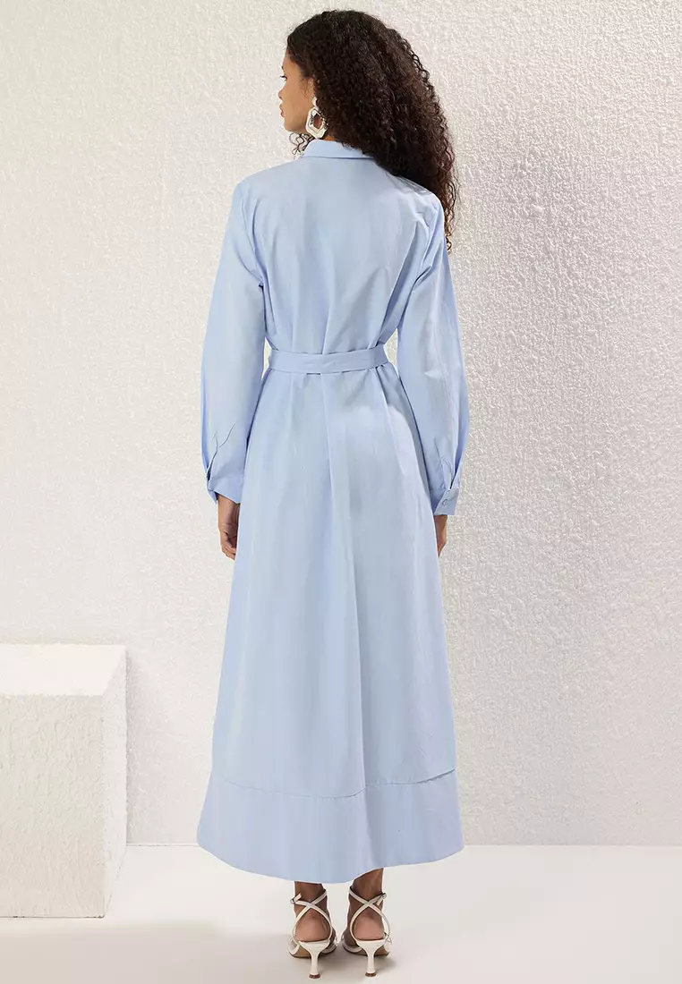 Light Blue Stone Accessory Detail Woven Shirt Dress TCTSS25EB00118