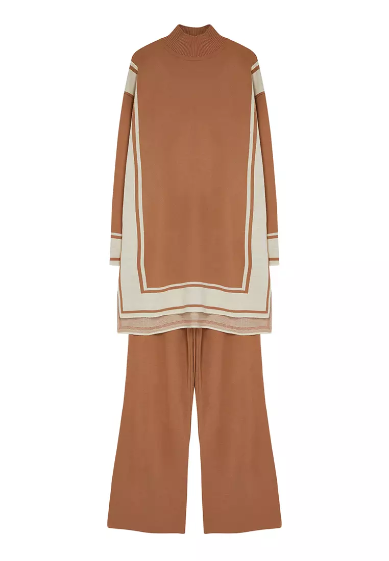 Camel Relaxed Cut Knitwear Striped Tunic-Pants Bottom-Top Set TCTAW24US00057