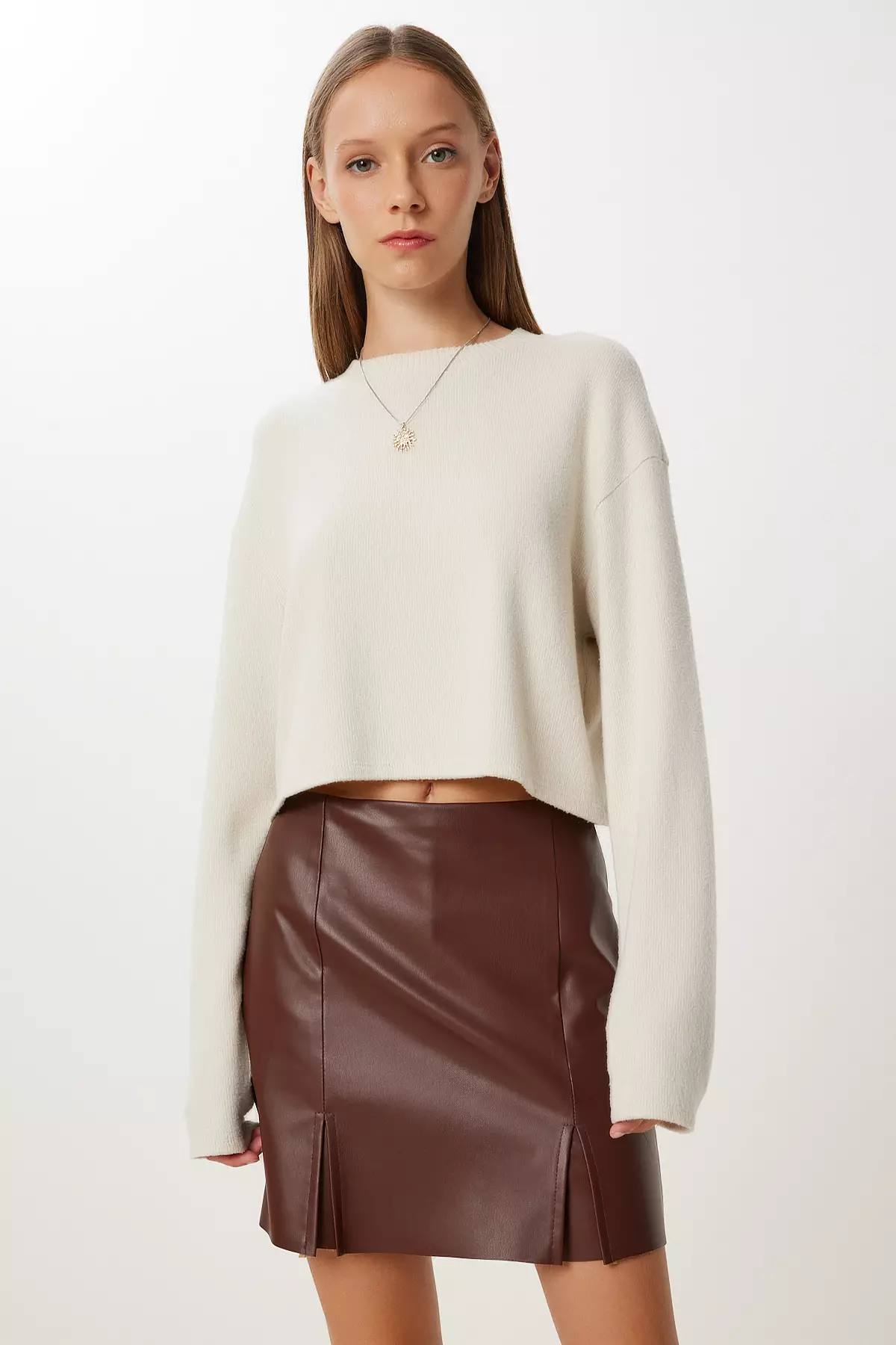 Women's Brown Slit Mini Faux Leather Shorts Skirt Gp00029