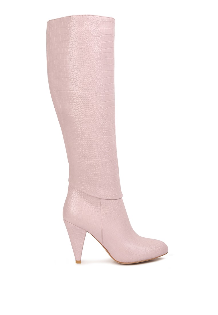Pink Calf Croc Heel Boots