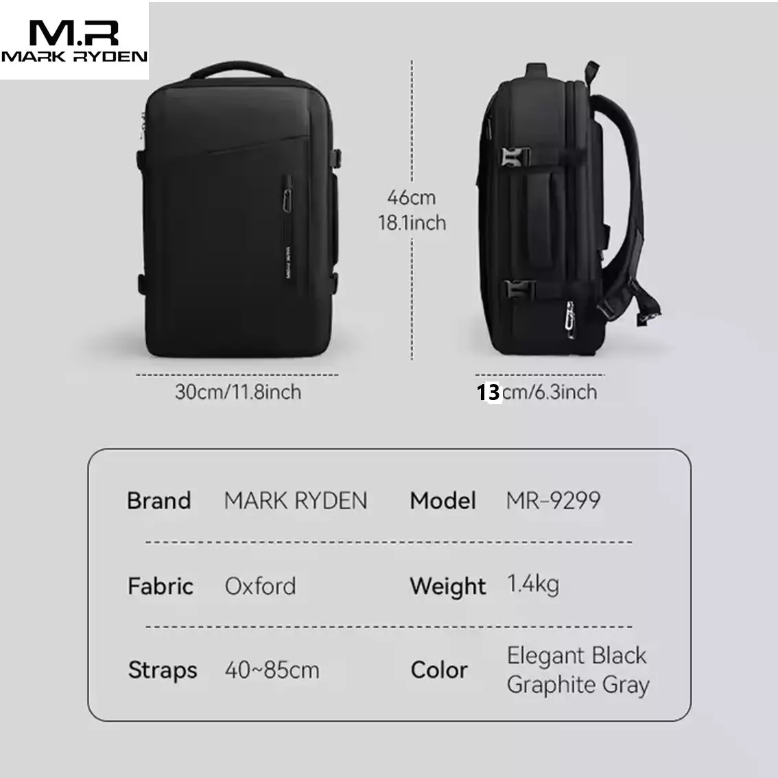 Mark Ryden Tas Backpack Ransel Laptop Pria Travel vacuum waterproof MR9299YKKQM - BLACK