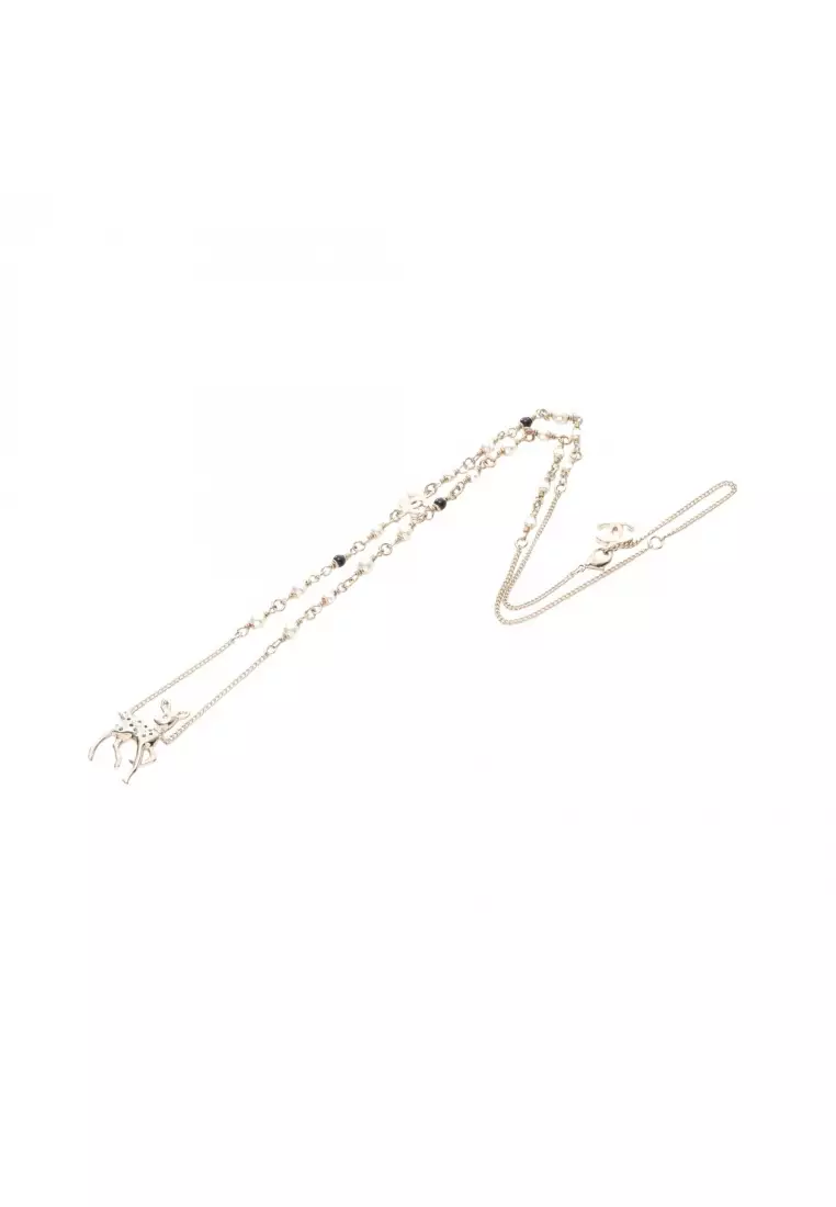 Pre-Loved Chanel Year's Gift 2025 coco mark Bambi necklace GP Fake pearl Rhinestone gold white green G26C