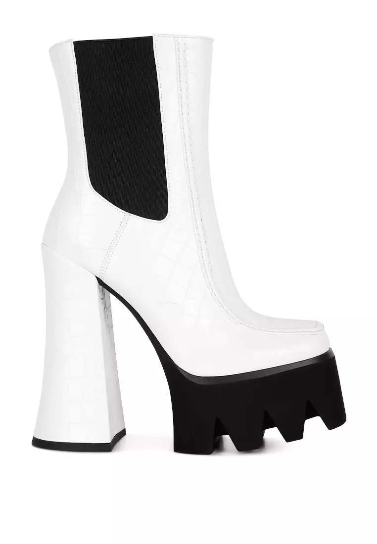 White High Platform Block Heel Lace Up Biker Boots