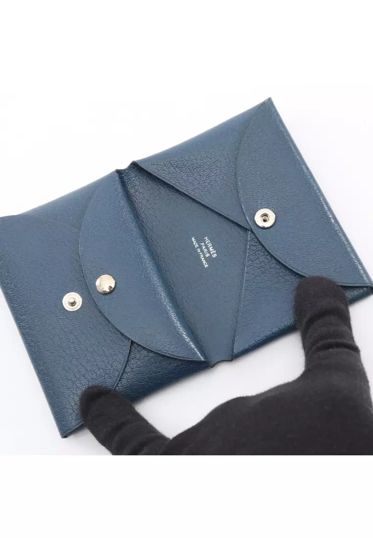 Pre-Loved Hermès Calviduo deep blue coin purse Chevre Shamquila Dark navy B stamp