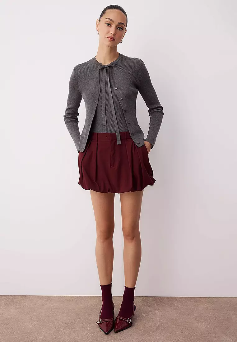 Dark Gray Mercerized-Look Collar Tie Detailed Fitted/Full-Size Knitwear Cardigan